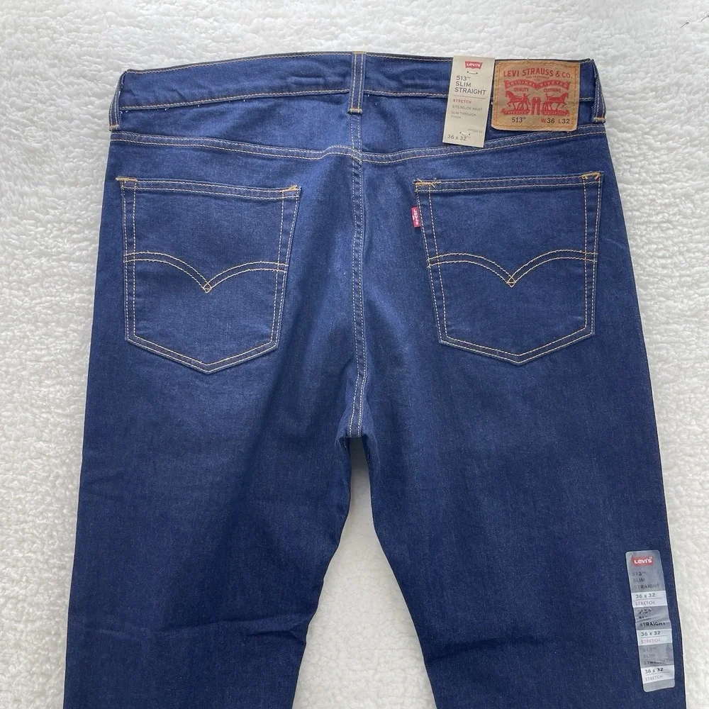 Levis 513 Jeans Mens 36x32 Blue Slim Straight Dark Wash Stretch Denim Preppy NEW